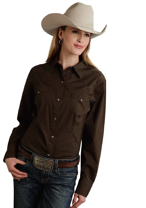 Trendy Women's Fashion Roper Basic Solid Ladies Chocolate 100% Cotton L/S Western Shirt Trendy Women's Fashion Roper Basic Solid Ladies Chocolate 100% Cotton L/S Western Shirt