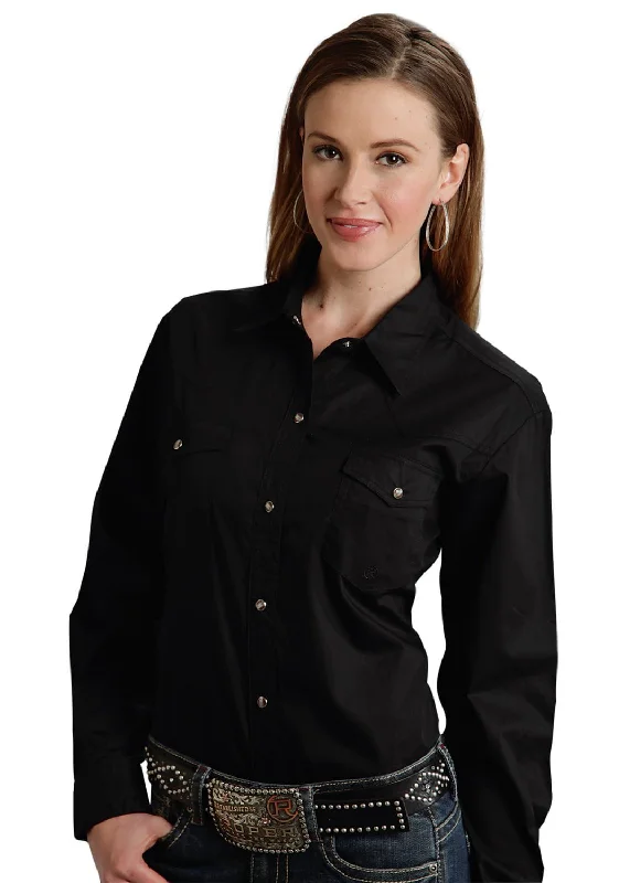 Holiday Discount Roper Basic Solid Ladies Black 100% Cotton L/S 2 Pocket Western Shirt Holiday Discount Roper Basic Solid Ladies Black 100% Cotton L/S 2 Pocket Western Shirt