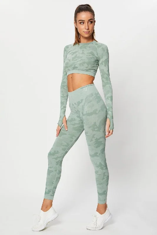 Women's Clothing Outfit Set Green Seamless Camo Activewear Leggings