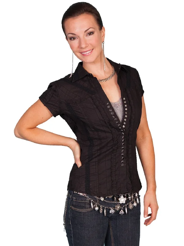 Casual Chic for Women Scully Contemporary Womens Tonal Lace Blouse Black 100% Cotton Cap Sleeve Casual Chic for Women Scully Contemporary Womens Tonal Lace Blouse Black 100% Cotton Cap Sleeve