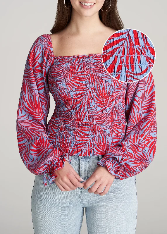 Minimalist Style Women's Tall Balloon Sleeve Smocked Blouse in Red & Blue Tropical Print