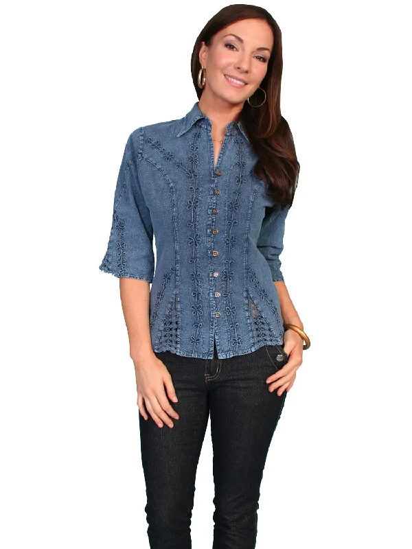 Women's Outerwear for All Weather Conditions Scully Cantina Womens Dark Blue 100% Cotton 3/4S Floral Vine Blouse Women's Outerwear for All Weather Conditions Scully Cantina Womens Dark Blue 100% Cotton 3/4S Floral Vine Blouse