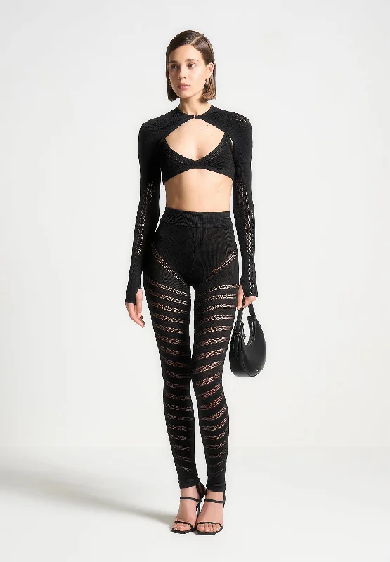 Women's Outfit High Waisted Knitted Spiral Contour Leggings - Black