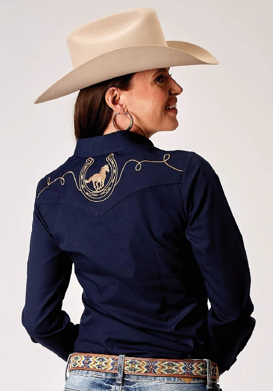 Women's Holiday Attire Roper Womens 1985 Broadcloth Deep Navy Cotton Blend L/S Shirt Women's Holiday Attire Roper Womens 1985 Broadcloth Deep Navy Cotton Blend L/S Shirt