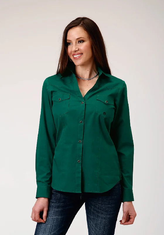 Women's Casual Outfit Roper Womens Black Fill Solid Green 100% Cotton L/S Shirt