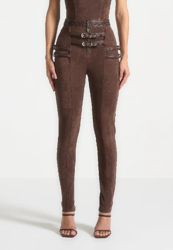 Women's Outerwear for All Weather Conditions Suede Buckle Detail Leggings - Brown