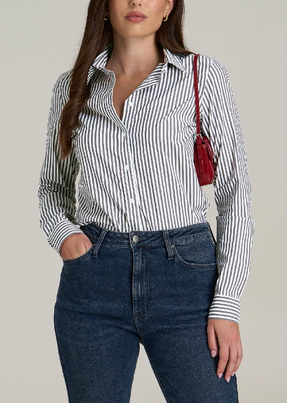 Edgy Fashion Slim Fit Button Up Women's Tall Shirt in Grey and White Stripe