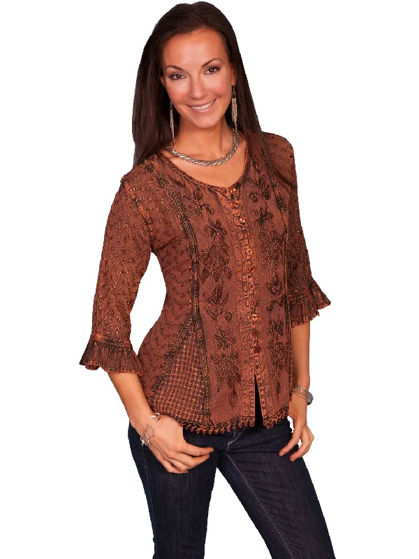 Clothes Women Scully Honey Creek Womens Blouse Copper 100% Rayon Embroidered 3/4 Sleeve Clothes Women Scully Honey Creek Womens Blouse Copper 100% Rayon Embroidered 3/4 Sleeve