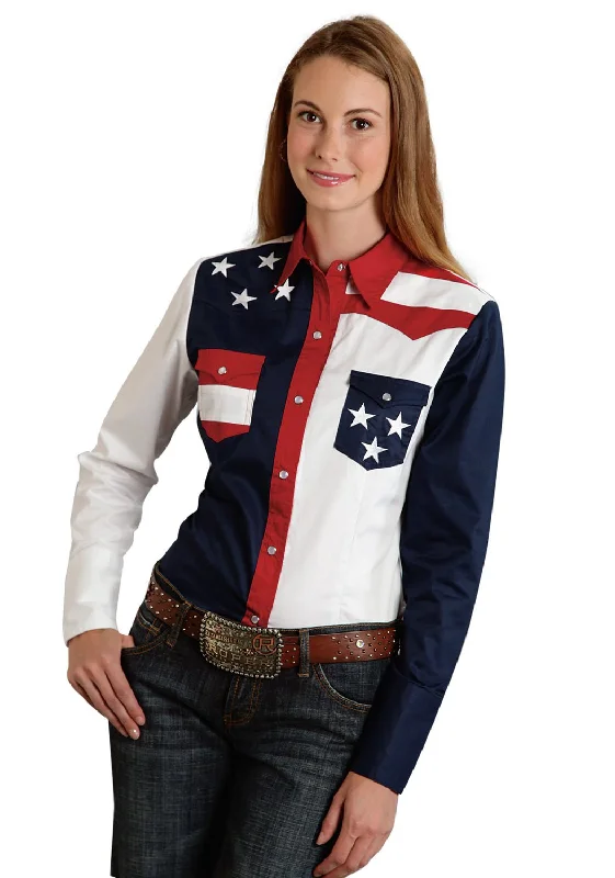 Elegant Women's Fashion Roper Americana Ladies Blue 100% Cotton L/S Colorblock Western Shirt Elegant Women's Fashion Roper Americana Ladies Blue 100% Cotton L/S Colorblock Western Shirt