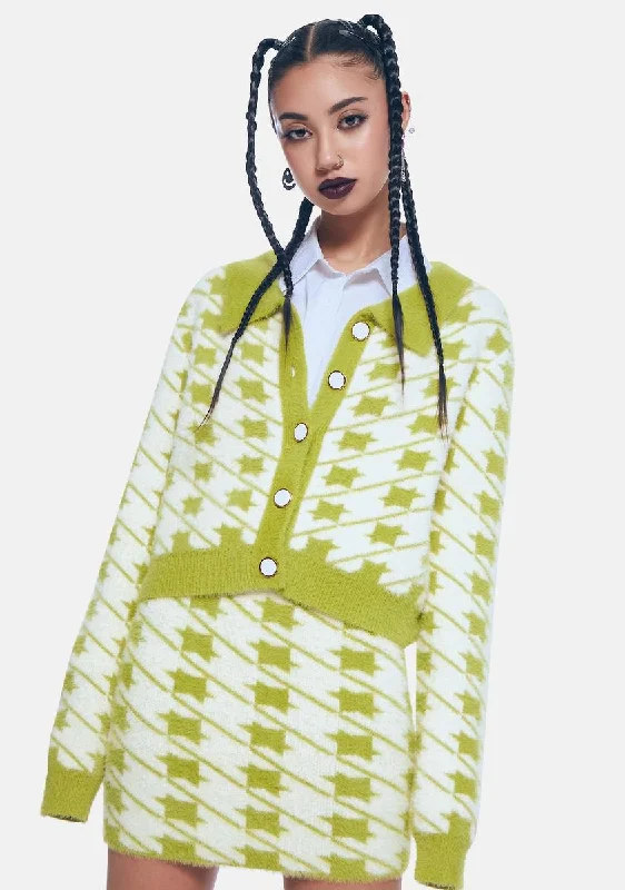 Women's Evening Outfit Chartreuse Houndstooth Fuzzy Collared Cardigan