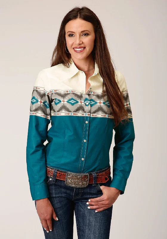 Women's Functional Outfit For Outdoor Activities Roper Womens Sawtooth Border Blue 100% Cotton L/S Shirt Women's Functional Outfit For Outdoor Activities Roper Womens Sawtooth Border Blue 100% Cotton L/S Shirt
