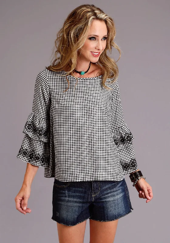 Plus-Size Women's Garments Stetson Womens Black/White Rayon/Nylon Gingham S/S Blouse Plus-Size Women's Garments Stetson Womens Black/White Rayon/Nylon Gingham S/S Blouse