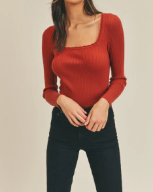 Affordable Women's Clothes Scallop Square Neck Crop Top In Brick