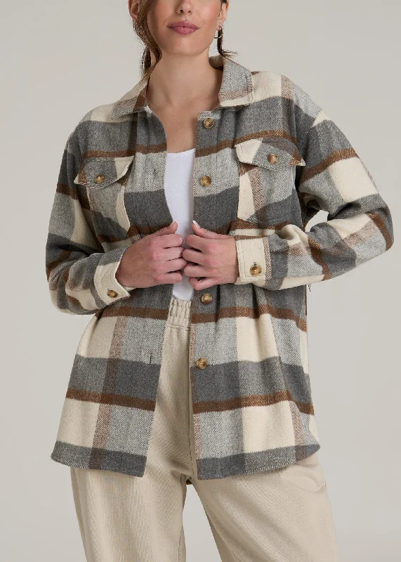 Holiday Special Offers Flannel Women's Tall Shacket in Grey and Cream Plaid