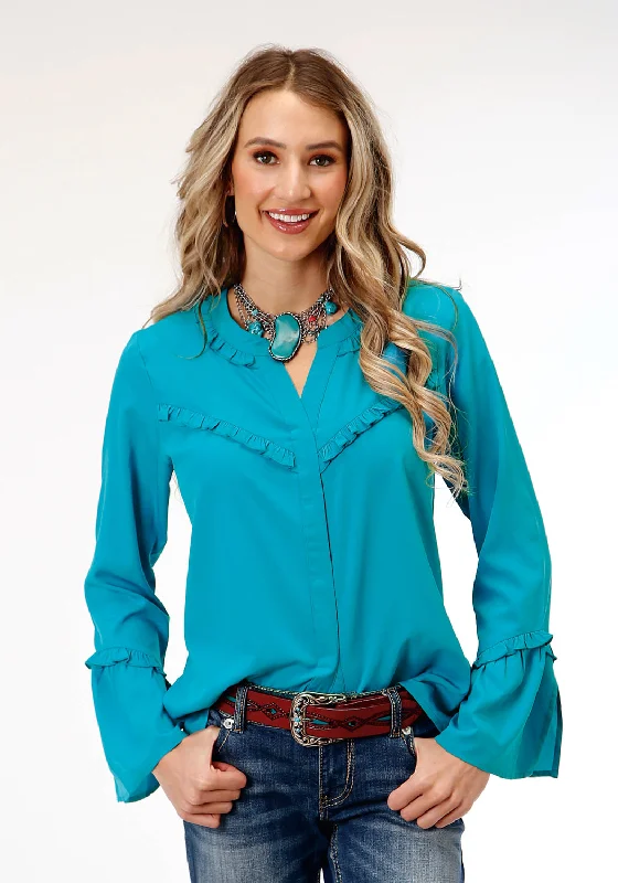 Women's Fashionable Attire For Work Roper Womens Dark Turquoise Ruffle Blue Polyester L/S Blouse Women's Fashionable Attire For Work Roper Womens Dark Turquoise Ruffle Blue Polyester L/S Blouse