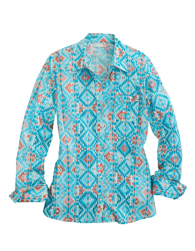 Women's Active Garments For Workouts Tin Haul Womens Aztec Print Turquoise 100% Cotton L/S Shirt Women's Active Garments For Workouts Tin Haul Womens Aztec Print Turquoise 100% Cotton L/S Shirt