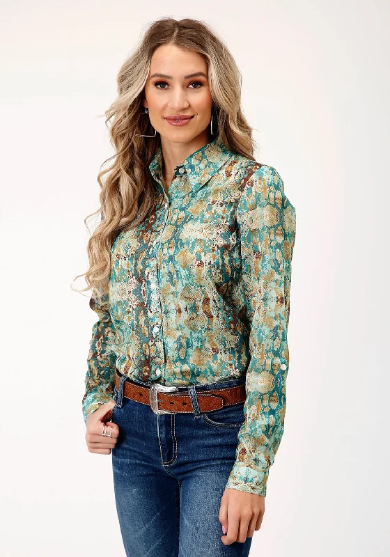 Women's High-Fashion Garments Roper Womens Snake Print Teal 100% Polyester L/S Shirt Women's High-Fashion Garments Roper Womens Snake Print Teal 100% Polyester L/S Shirt