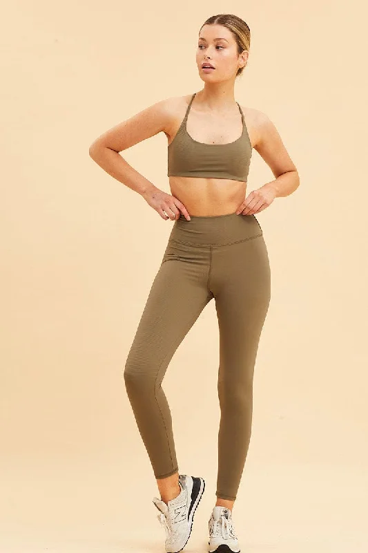 Women's Evening Wear Green Rib Legging Active Stretch Full Length