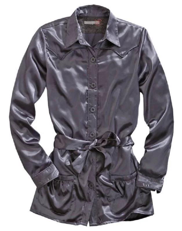 Women's Outerwear Garments Tin Haul Womens Gray Polyester L/S Belted Tunic Satin Shirt Women's Outerwear Garments Tin Haul Womens Gray Polyester L/S Belted Tunic Satin Shirt