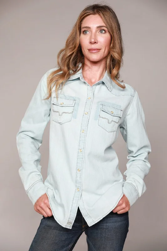 Women's Holiday Apparel Kimes Ranch Womens Kaycee Top Destroy Denim Cotton Blend L/S Shirt Women's Holiday Apparel Kimes Ranch Womens Kaycee Top Destroy Denim Cotton Blend L/S Shirt