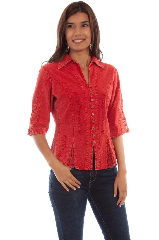 Women's Clothing Outfit Set Scully Womens Brick 100% Cotton Floral Vine S/S Blouse