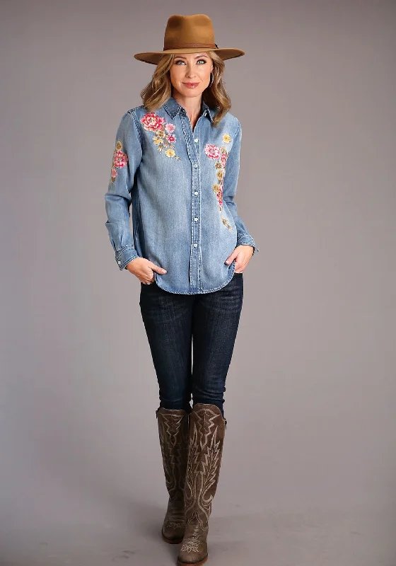 Women's Elegant Evening Outfit Stetson Womens Floral Front Blue Lyocell L/S Shirt