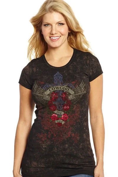 Casual Outfit For Women Cowgirl Up Womens Vintage Black 100% Cotton For Life V-Neck T-shirt S/S Casual Outfit For Women Cowgirl Up Womens Vintage Black 100% Cotton For Life V-Neck T-shirt S/S