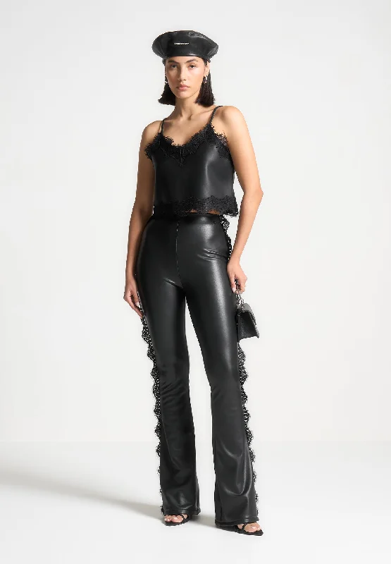 Comfortable Casual Wear Lace Trim Leather Fit and Flare Leggings - Black