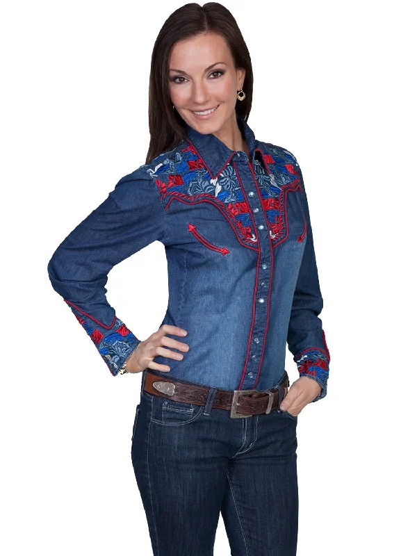 Women's Work Outfit Scully Western Womens Denim Polyester L/S Multi-Floral Western Shirt Women's Work Outfit Scully Western Womens Denim Polyester L/S Multi-Floral Western Shirt