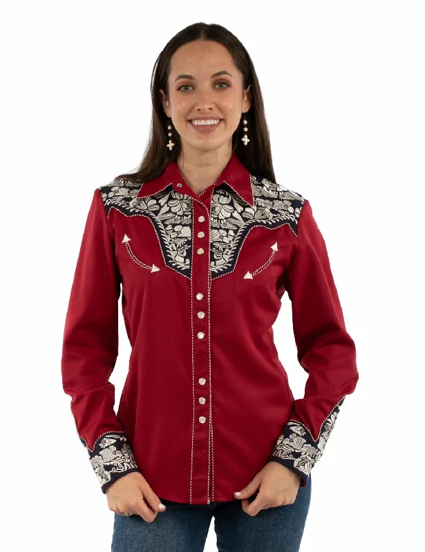 Women's Work Outfit Scully Womens Floral Yoke Embroidery Red/White/Blue Poly/Rayon L/S Shirt Women's Work Outfit Scully Womens Floral Yoke Embroidery Red/White/Blue Poly/Rayon L/S Shirt
