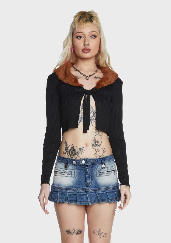 Women's High-Fashion Attire Fur Collar Tie Front Cardigan
