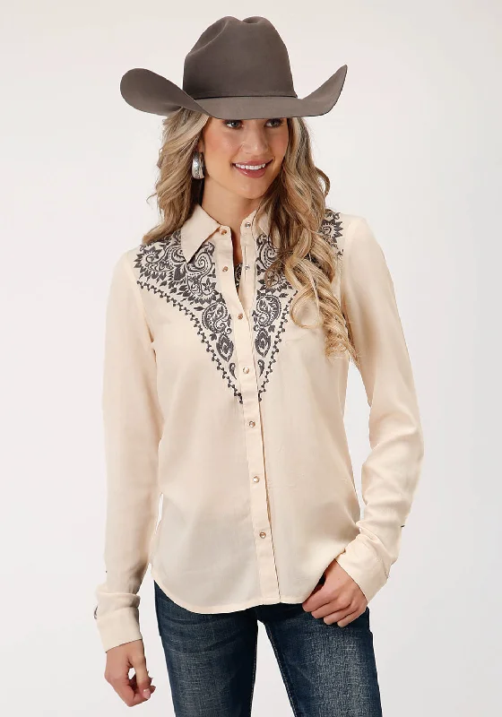 Women's Stylish Vacation Attire Roper Womens Solid Western Dark Cream Rayon/Nylon L/S Blouse Women's Stylish Vacation Attire Roper Womens Solid Western Dark Cream Rayon/Nylon L/S Blouse