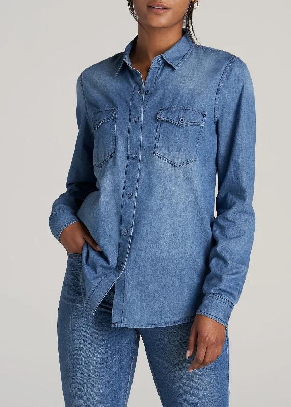 Trendy Street Style Clothing Women's Tall Denim Shirt in Faded Blue