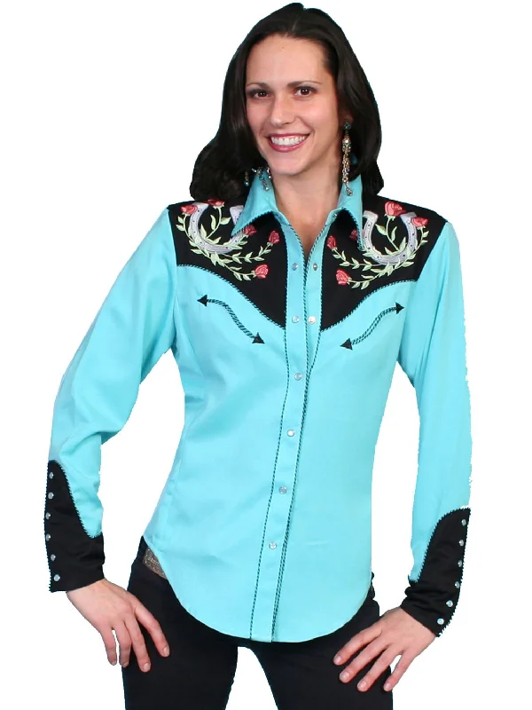 Relaxed Fit Women's Fashion Scully Western Womens Turquoise Polyester L/S Horseshoe Western Shirt Relaxed Fit Women's Fashion Scully Western Womens Turquoise Polyester L/S Horseshoe Western Shirt