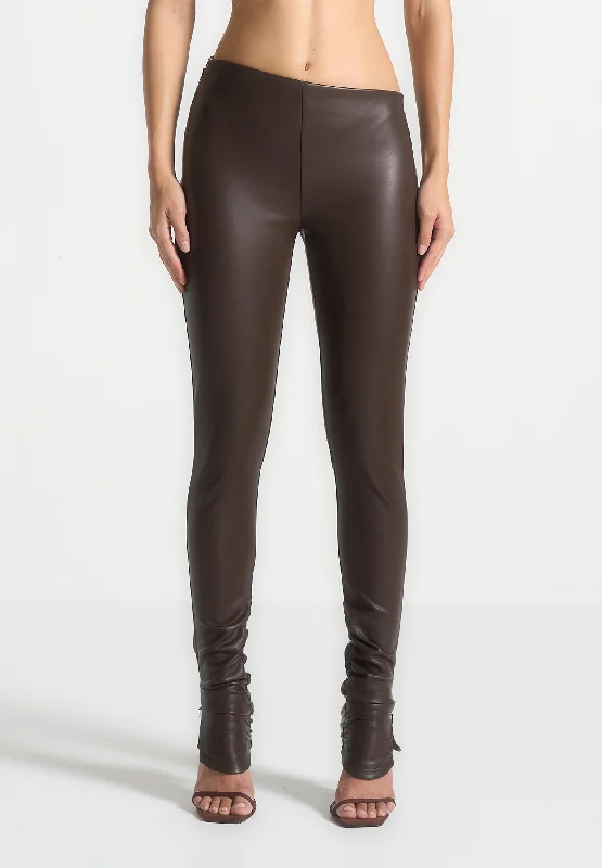 Plus Size Women's Fashion and Clothing Leather Angled Waistband Leggings - Brown