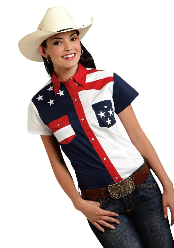 Sales For Clothes Roper Americana Ladies Blue 100% Cotton Colorblock S/S Flag Western Shirt Sales For Clothes Roper Americana Ladies Blue 100% Cotton Colorblock S/S Flag Western Shirt