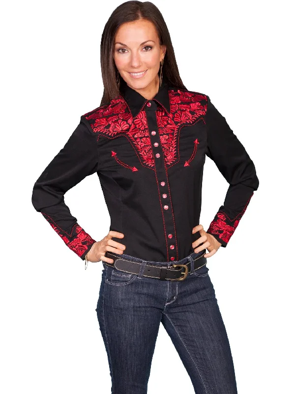 Affordable Women's Fashion Scully Western Womens Crimson Polyester L/S Floral Stitch Western Shirt Affordable Women's Fashion Scully Western Womens Crimson Polyester L/S Floral Stitch Western Shirt