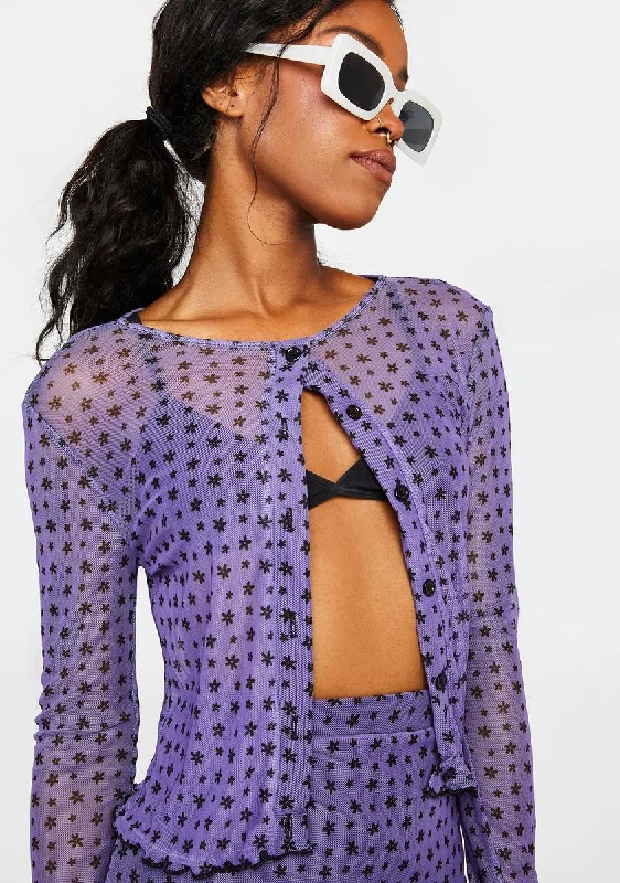 Women's Elegant Evening Attire Purple Floral Mesh Cardigan