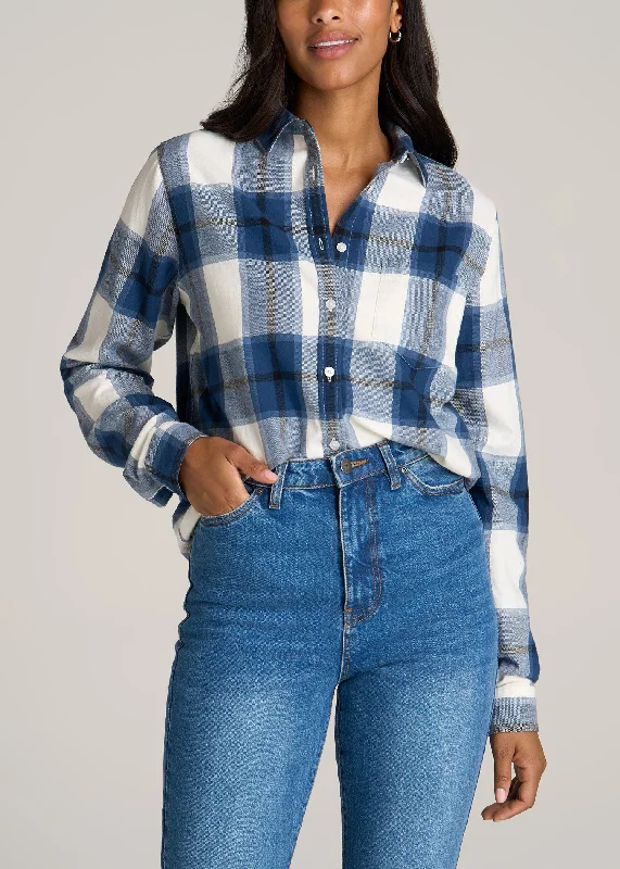Elegant Fashion Flannel Button-Up Shirt for Tall Women in Ocean Blue and White
