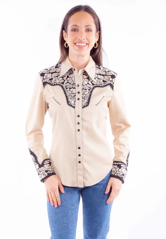 Women's Functional Outdoor Garments Scully Womens Embroidered Floral Tan Poly/Rayon L/S Shirt Women's Functional Outdoor Garments Scully Womens Embroidered Floral Tan Poly/Rayon L/S Shirt