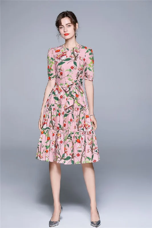 Sophisticated Women's Fashion Pink Day A-line Crewneck Short Sleeve Below Knee  Dress