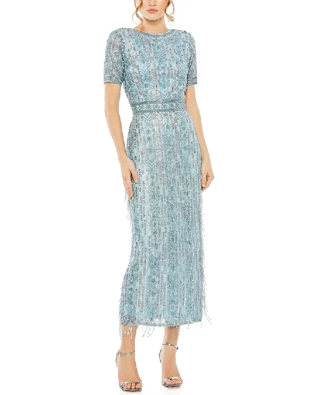 Bold and Elegant Women's Fashion Mac Duggal High Neck Crystal Fringe Column Dress