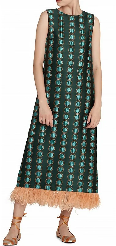 Wardrobe Essentials Jacquard Ostrich Feather-Trimmed Column Dress In Multi