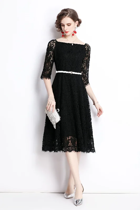 Vintage Fashion Black Evening A-line Boatneck Elbow Sleeve Below Knee Lace Elegant Dress Vintage Fashion Black Evening A-line Boatneck Elbow Sleeve Below Knee Lace Elegant Dress