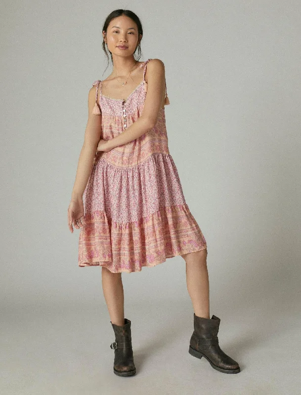 Lighten Up With Nordic Styles Lucky Brand Womens Mixed Print Tie Sleeve Tiered Dress