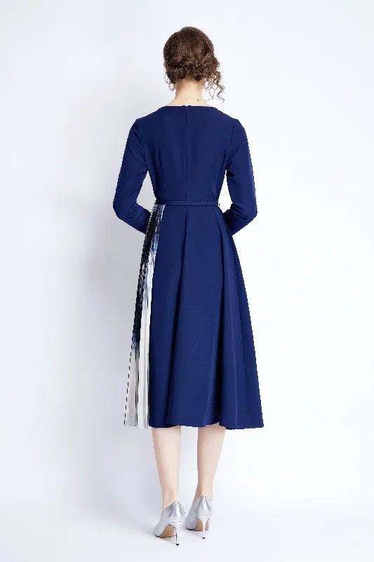 Fashion Deal Blue Office A-line V-neck Long Sleeve Below Knee Dress