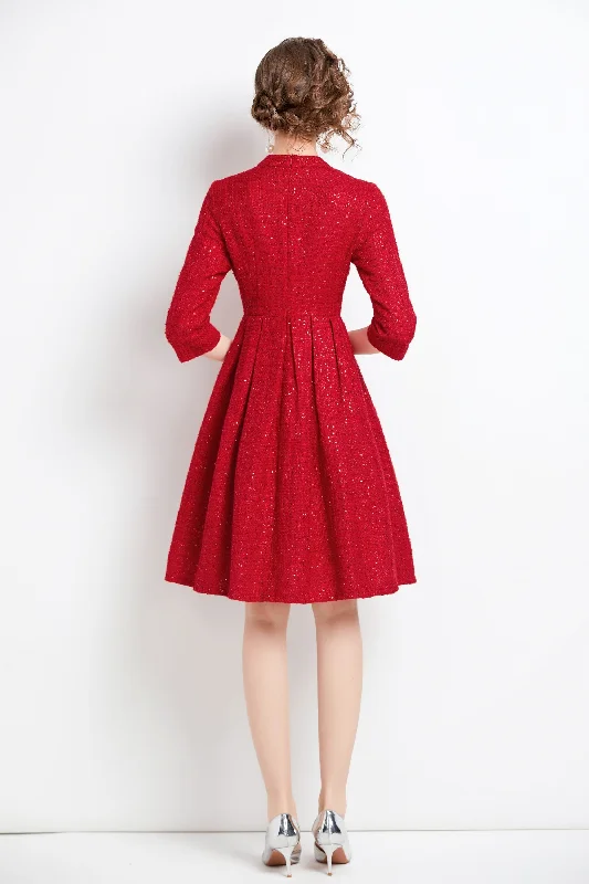 Style Without Limits Red Office Classic A-line Crewneck Elbow Sleeve Knee Dress