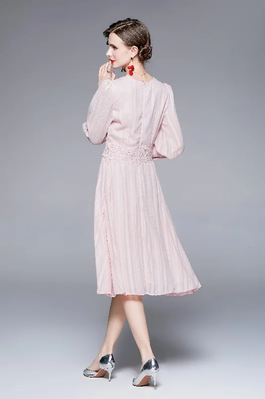 Sophisticated Style Pink Evening A-line Squareneck Long Sleeve Knee Buttoned Dress