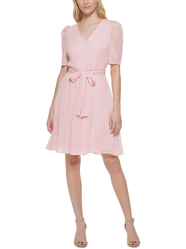 Limited Stock Petites Womens Chiffon Clip Dot Fit & Flare Dress