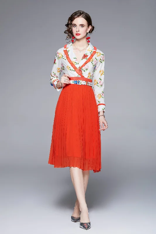 Clearance Sale White & Red Office A-line Notch Lapel Long Sleeve Below Knee Dress